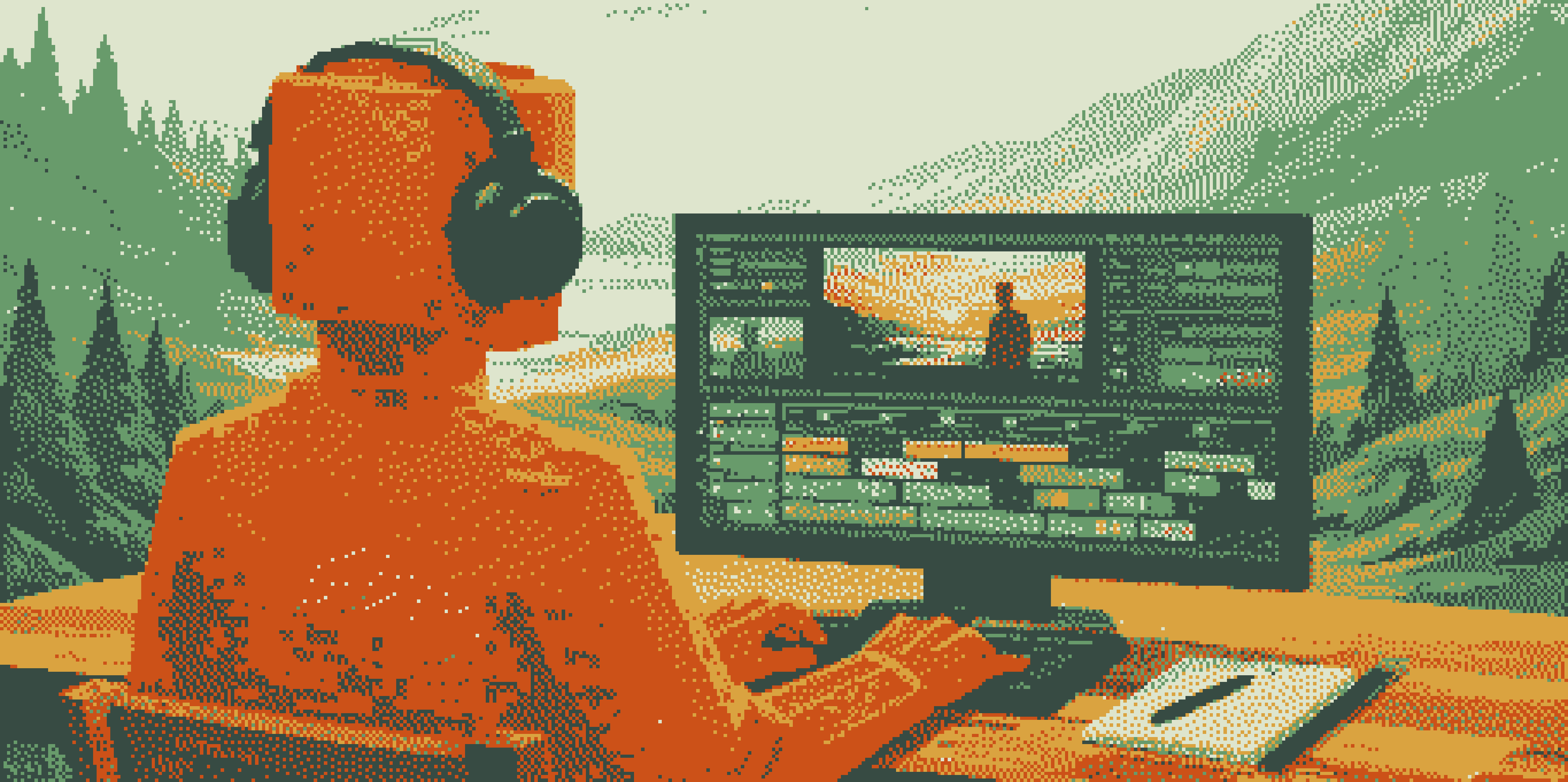 Video editor at workstation with editing timeline visible, using voice commands to dictate timeline markers and video descriptions without leaving editing interface
